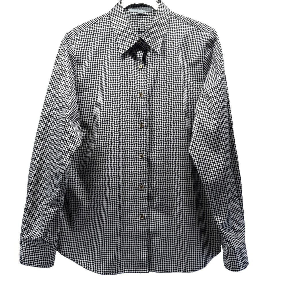 Foxcroft Women's Top Blouse Sz 10 Black Houndstooth Shaped Fit No Wrinkle Button